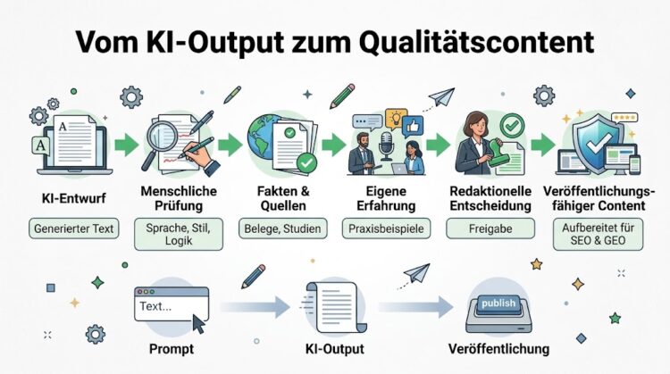 Infografik "Vom KI-Output zum Qualitätscontent": Gegenüberstellung eines mehrstufigen redaktionellen Workflows mit menschlicher Prüfung, Fakten-Check und Praxiserfahrung im Vergleich zum ungeprüften Prompt-to-Publish-Kurzweg.