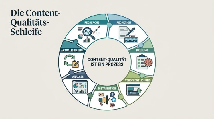 Infografik "Die Content-Qualitäts-Schleife": Kreisförmiges Prozessdiagramm mit den Schritten Recherche, Redaktion, Prüfung, Veröffentlichung, Distribution, Analyse und Aktualisierung um die Kernaussage "Content-Qualität ist ein Prozess".
