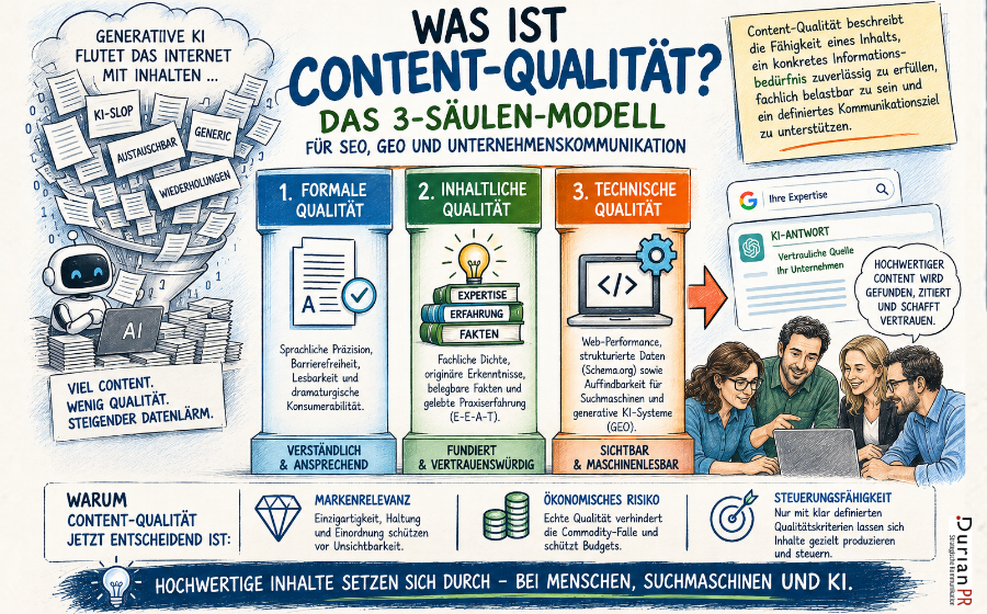 Durian-PR-PULP-Content-Qualität-09-2026 Die Grafik zeigt das erweiterte 3-Säulen-Modell der Content-Qualität (formale, inhaltliche und technische Qualität), das von Durian PR, Duisburg, im Rahmen der Unternehmenskommunikation favorisiert wird.