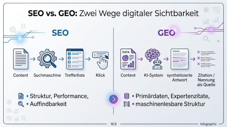 Infografik "SEO vs. GEO: Zwei Wege digitaler Sichtbarkeit": Vergleich zwischen klassischer Suchmaschinenoptimierung (Ziel: Klick) und Generative Engine Optimization (Ziel: Zitation) mit ihren jeweiligen Prozessschritten und Kernanforderungen.