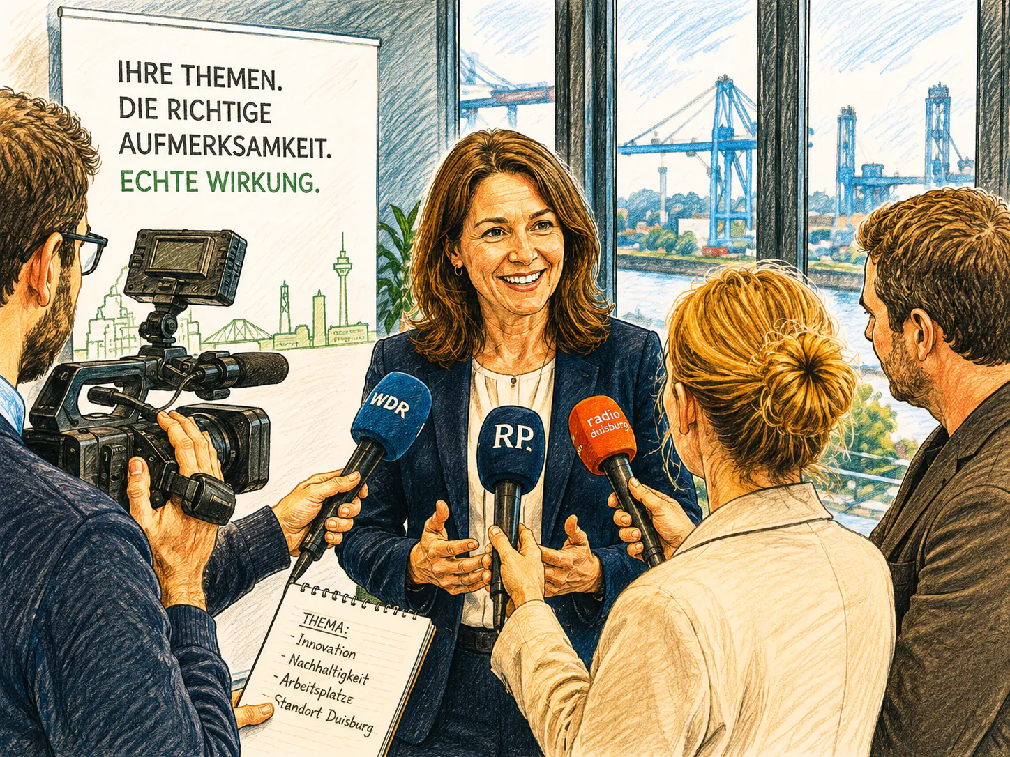 Gezeichnete Szene: Eine Frau in einem Business-Outfit gibt lächelnd ein Interview. Sie steht vor Mikrofonen von WDR, RP und Radio Duisburg und einer Kamera. Im Hintergrund ist der Duisburger Hafen zu sehen. Ein Whiteboard zeigt den Slogan „Ihre Themen. Die richtige Aufmerksamkeit. Echte Wirkung.